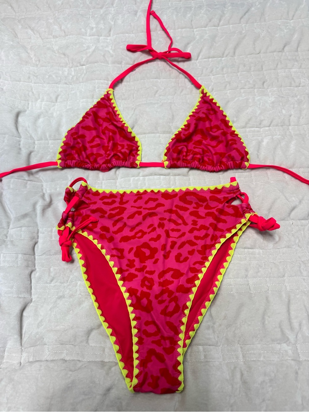 Women's Pink Leopard-Print Triangle Bikini with Yellow Trim